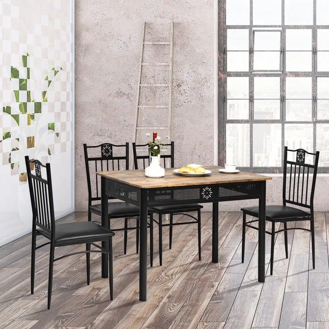 5 Pcs Dining Set Wood Metal Table and 4 Chairs with Cushions-Black Costway