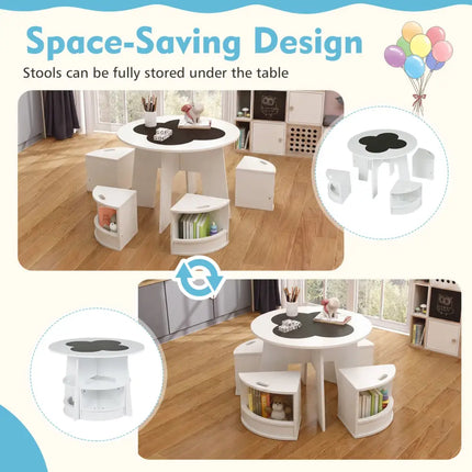 5 PCS Kids Table and Chair Set with Storage Stools for Activity-White - White - Kids Table & Chair Sets