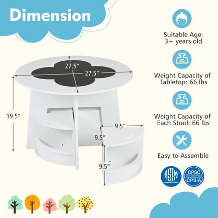 5 PCS Kids Table and Chair Set with Storage Stools for Activity-White - White - Kids Table & Chair Sets