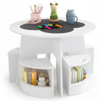 5 PCS Kids Table and Chair Set with Storage Stools for Activity-White - White - Kids Table & Chair Sets