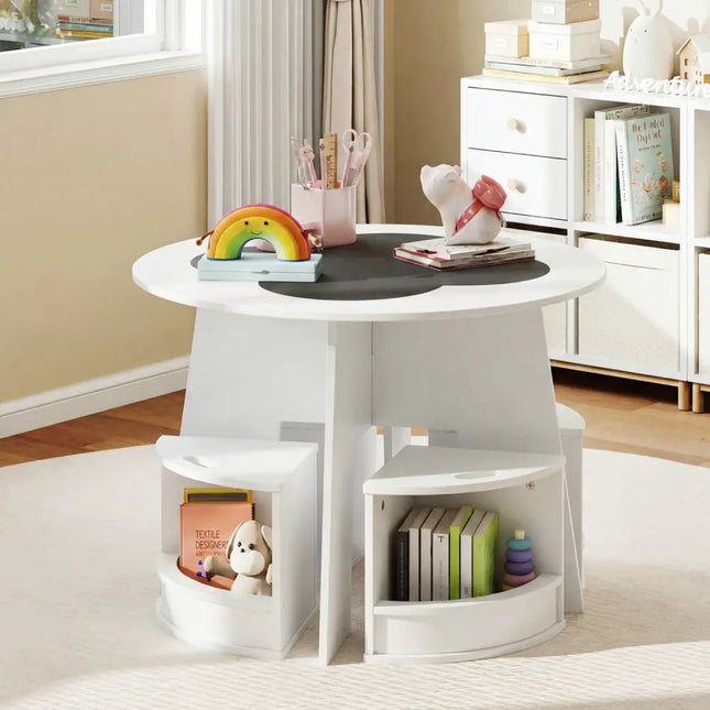 5 PCS Kids Table and Chair Set with Storage Stools for Activity-White - White - Kids Table & Chair Sets