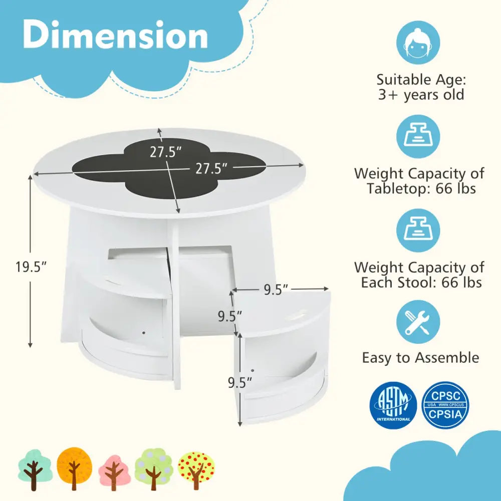 5 PCS Kids Table and Chair Set with Storage Stools for Activity-White - White - Kids Table & Chair Sets