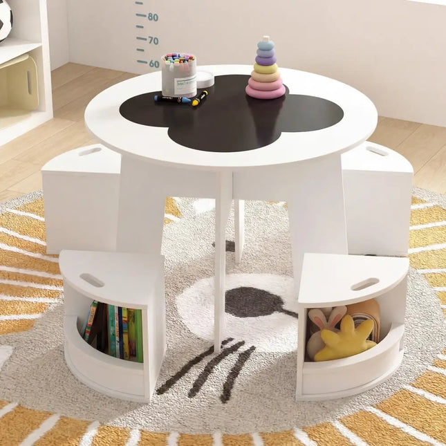 5 PCS Kids Table and Chair Set with Storage Stools for Activity-White - White - Kids Table & Chair Sets