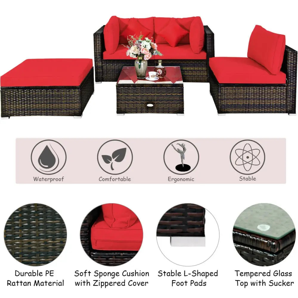 5 Pcs Outdoor Patio Rattan Furniture Set Sectional Conversation with Cushions-Red - Red - Outdoor Sectionals