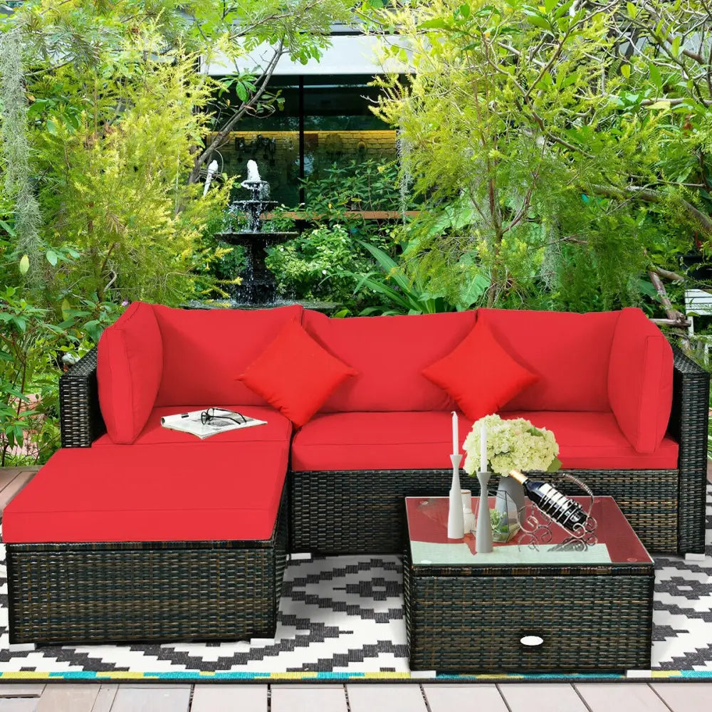 5 Pcs Outdoor Patio Rattan Furniture Set Sectional Conversation with Cushions-Red - Red - Outdoor Sectionals
