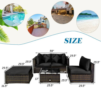 5 Pcs Outdoor Patio Rattan Furniture Set Sectional Conversation with Cushions-Black - Black - Outdoor Sectionals