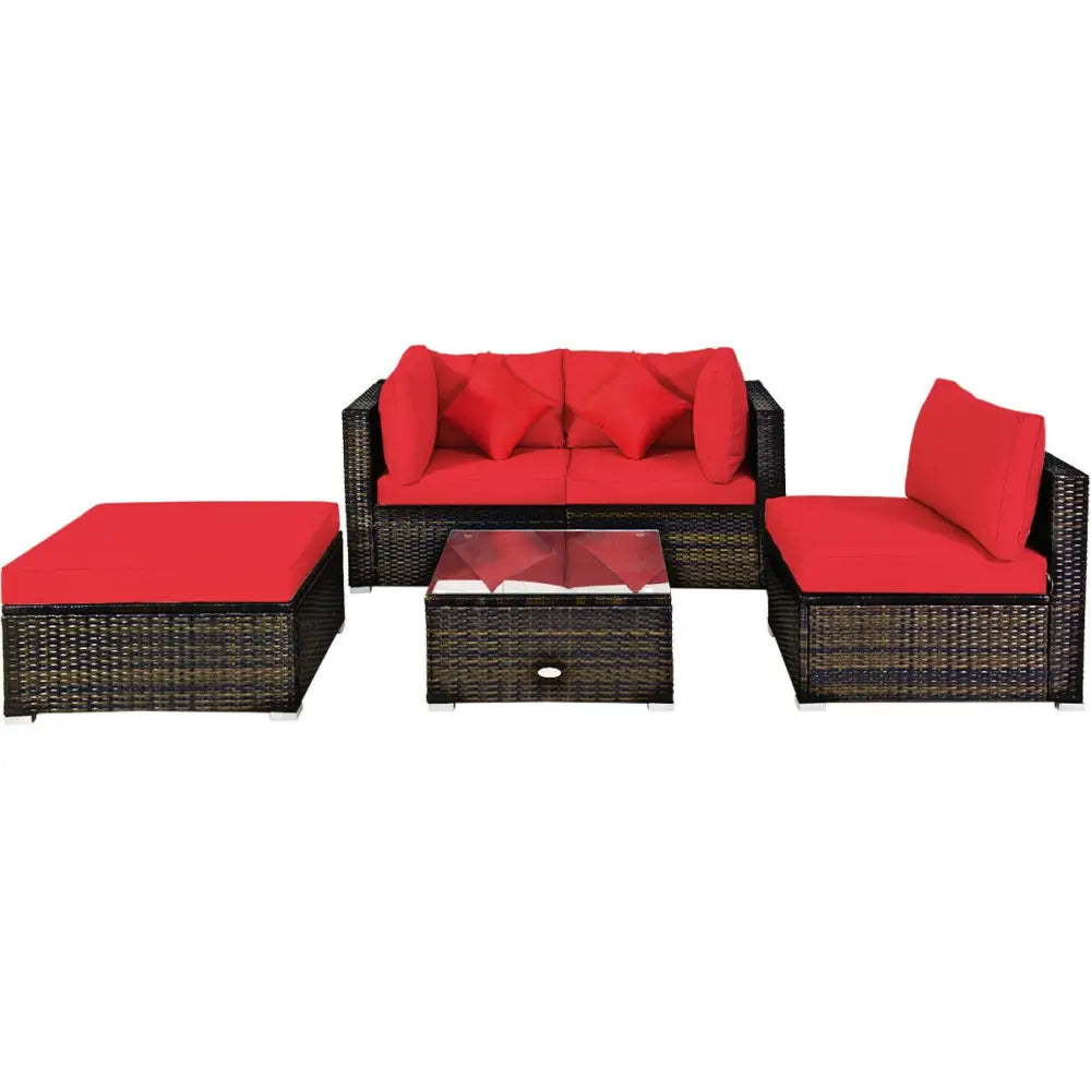5 Pcs Outdoor Patio Rattan Furniture Set Sectional Conversation with Cushions-Red - Red - Outdoor Sectionals