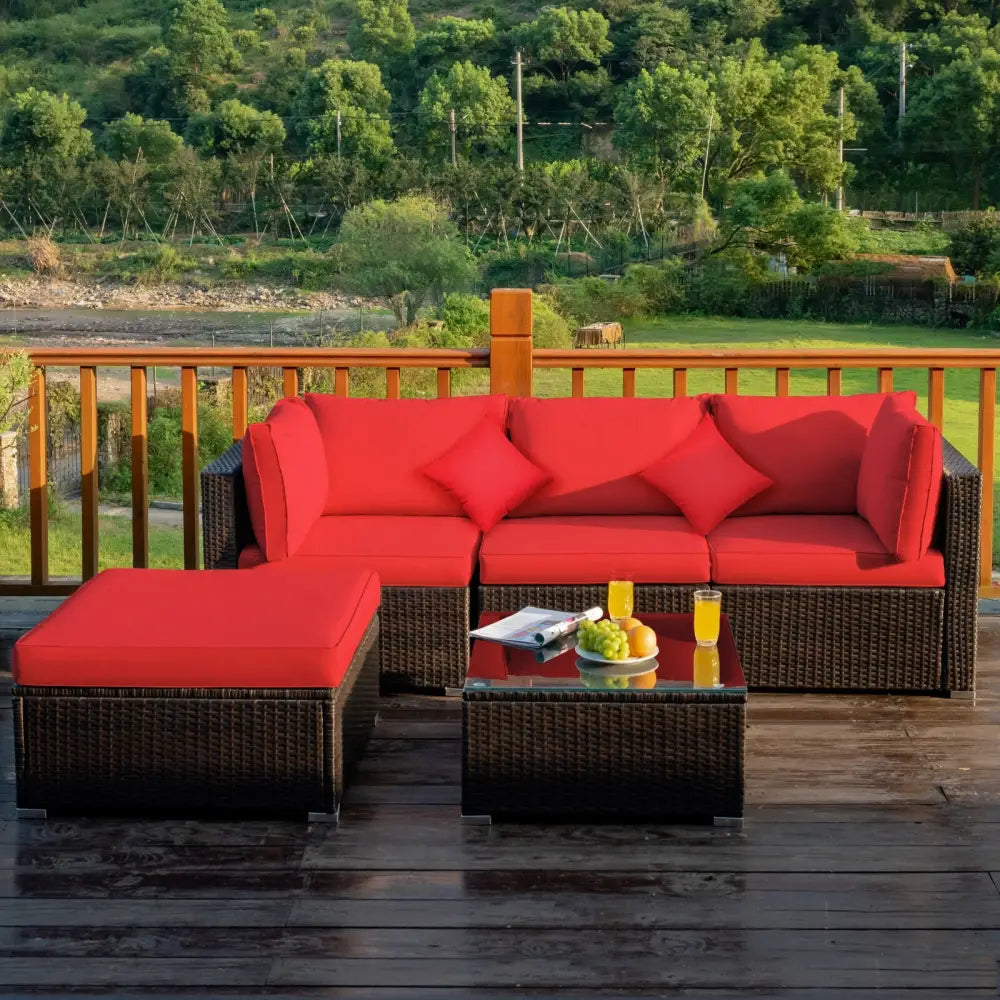 5 Pcs Outdoor Patio Rattan Furniture Set Sectional Conversation with Cushions-Red - Red - Outdoor Sectionals
