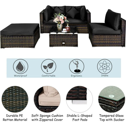 5 Pcs Outdoor Patio Rattan Furniture Set Sectional Conversation with Cushions-Black - Black - Outdoor Sectionals