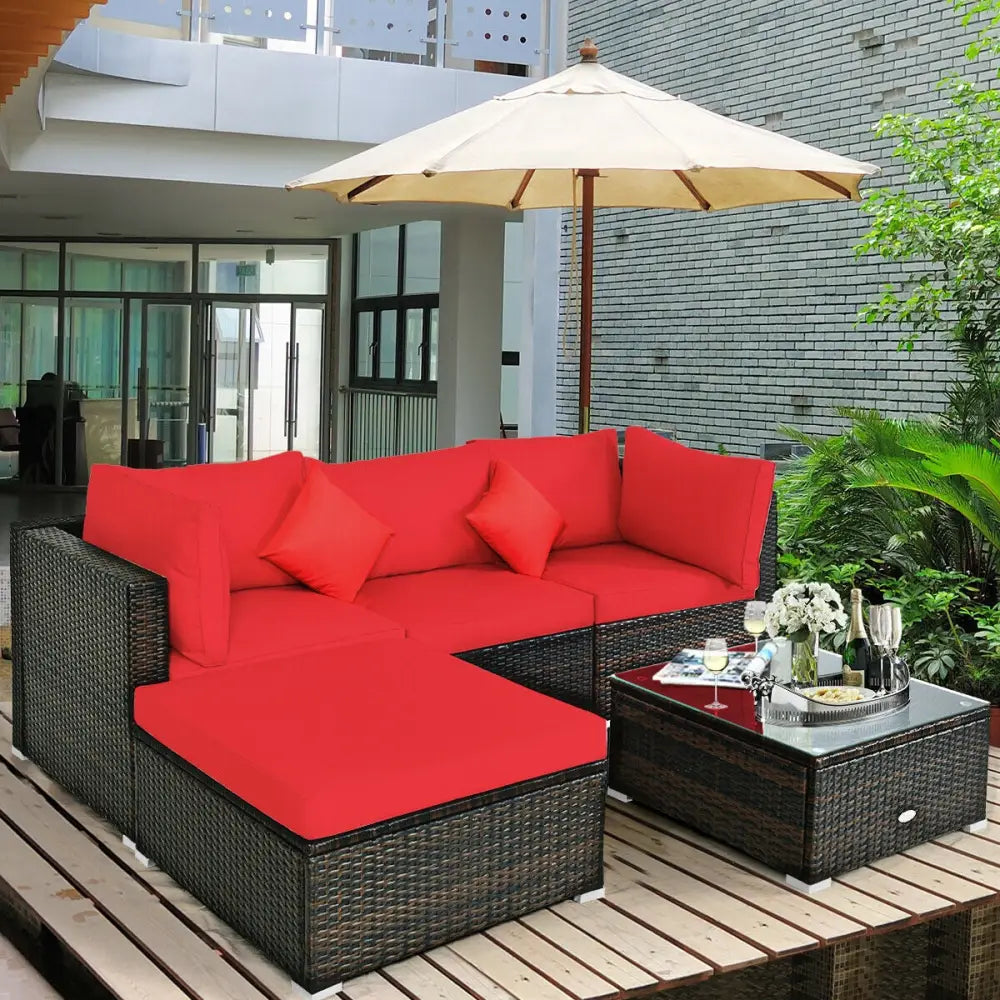 5 Pcs Outdoor Patio Rattan Furniture Set Sectional Conversation with Cushions-Red - Red - Outdoor Sectionals