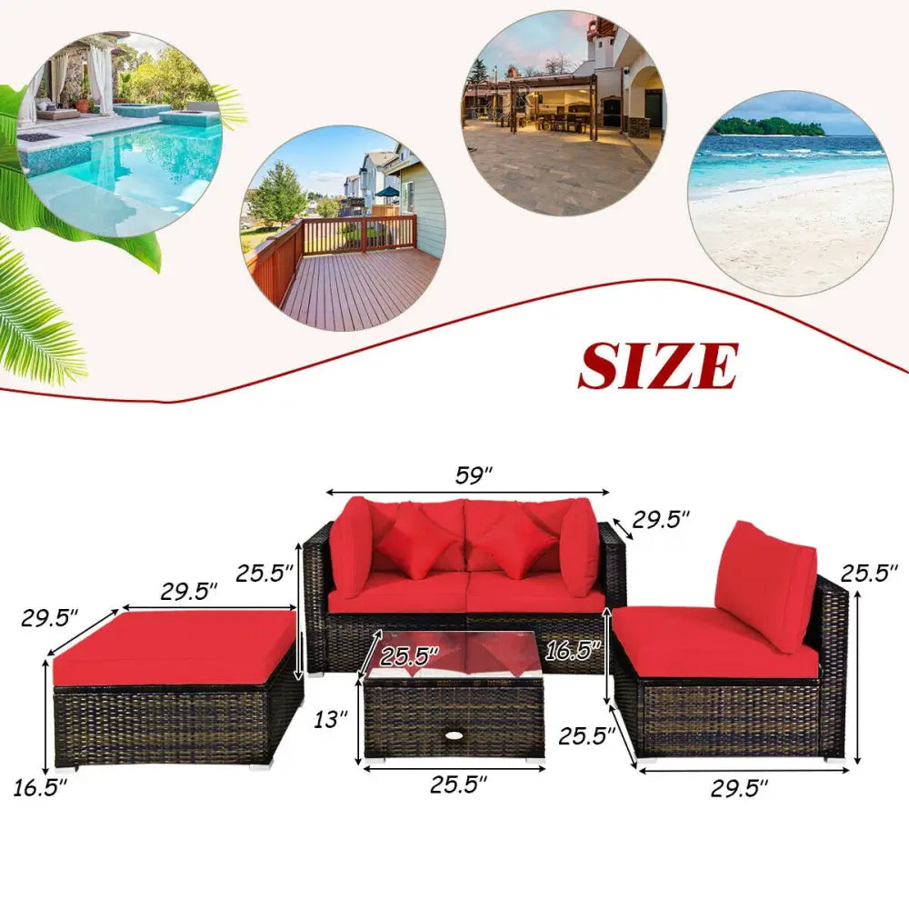 5 Pcs Outdoor Patio Rattan Furniture Set Sectional Conversation with Cushions-Red - Red - Outdoor Sectionals
