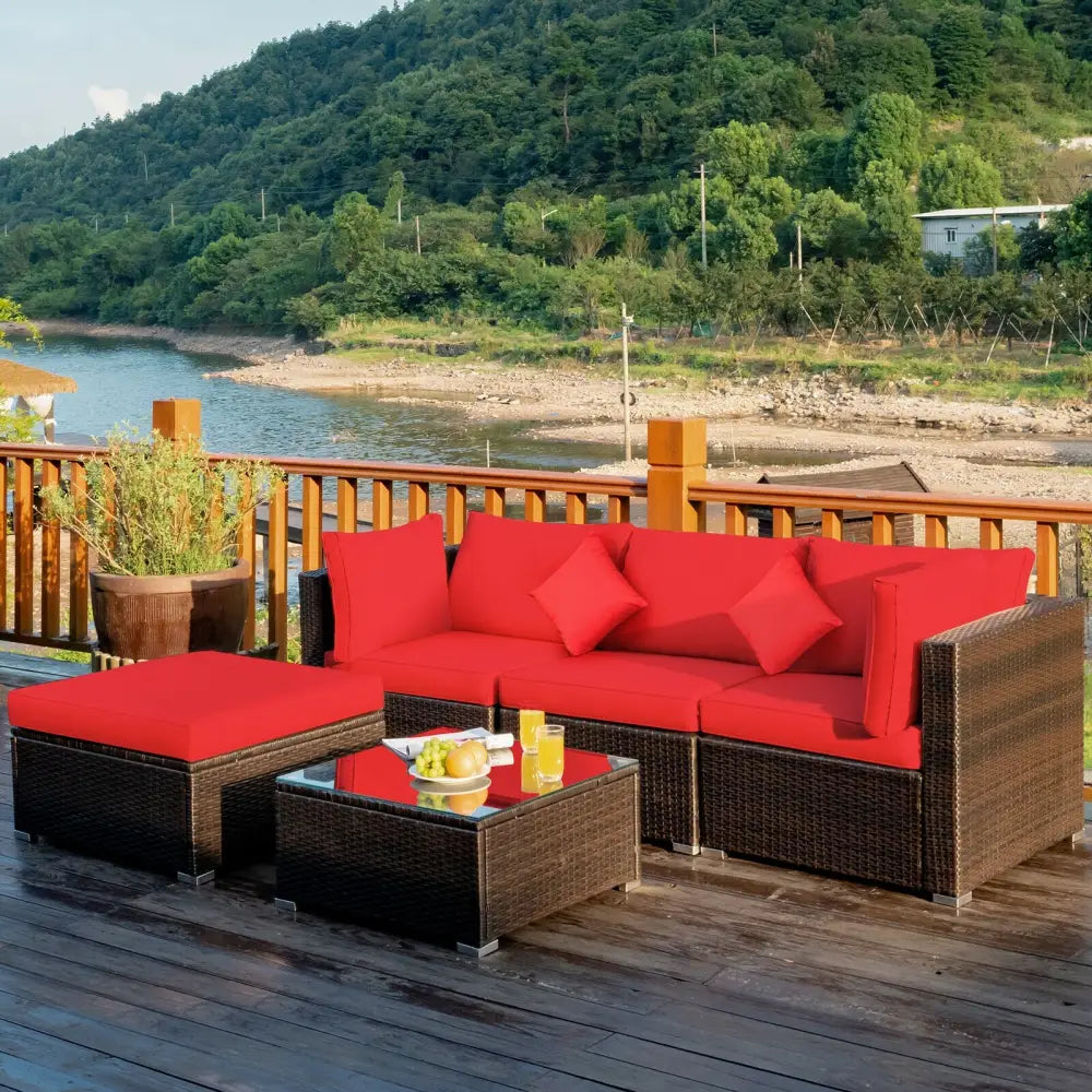5 Pcs Outdoor Patio Rattan Furniture Set Sectional Conversation with Cushions-Red - Red - Outdoor Sectionals