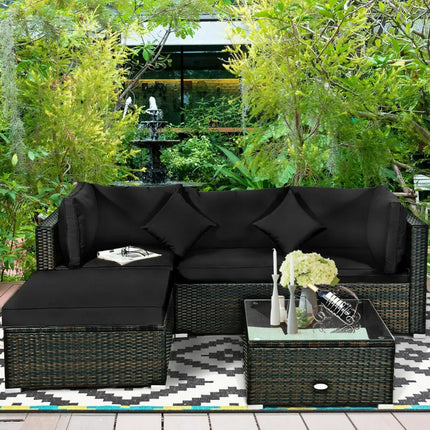 5 Pcs Outdoor Patio Rattan Furniture Set Sectional Conversation with Cushions-Black - Black - Outdoor Sectionals