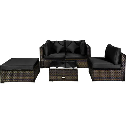 5 Pcs Outdoor Patio Rattan Furniture Set Sectional Conversation with Cushions-Black - Black - Outdoor Sectionals