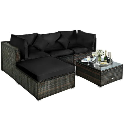 5 Pcs Outdoor Patio Rattan Furniture Set Sectional Conversation with Cushions-Black - Black - Outdoor Sectionals