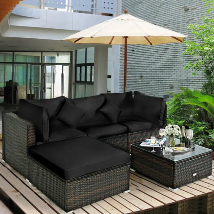 5 Pcs Outdoor Patio Rattan Furniture Set Sectional Conversation with Cushions-Black - Black - Outdoor Sectionals