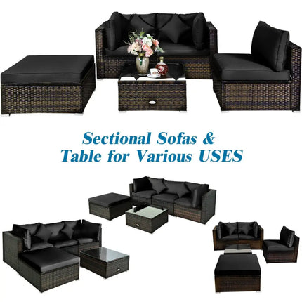 5 Pcs Outdoor Patio Rattan Furniture Set Sectional Conversation with Cushions-Black - Black - Outdoor Sectionals