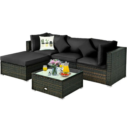5 Pcs Outdoor Patio Rattan Furniture Set Sectional Conversation with Cushions-Black - Black - Outdoor Sectionals