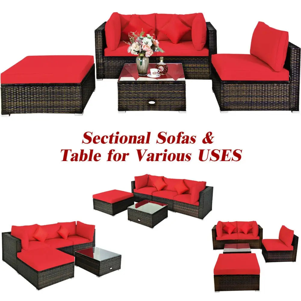 5 Pcs Outdoor Patio Rattan Furniture Set Sectional Conversation with Cushions-Red - Red - Outdoor Sectionals
