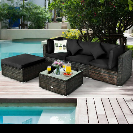 5 Pcs Outdoor Patio Rattan Furniture Set Sectional Conversation with Cushions-Black - Black - Outdoor Sectionals