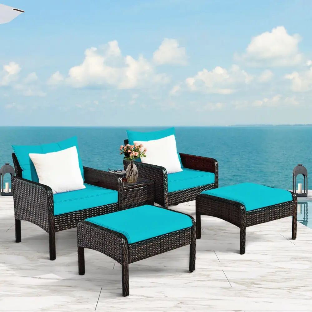 5 Pcs Patio Rattan Sofa Ottoman Furniture Set with Cushions-Turquoise - Turquoise - Patio Furniture Sets