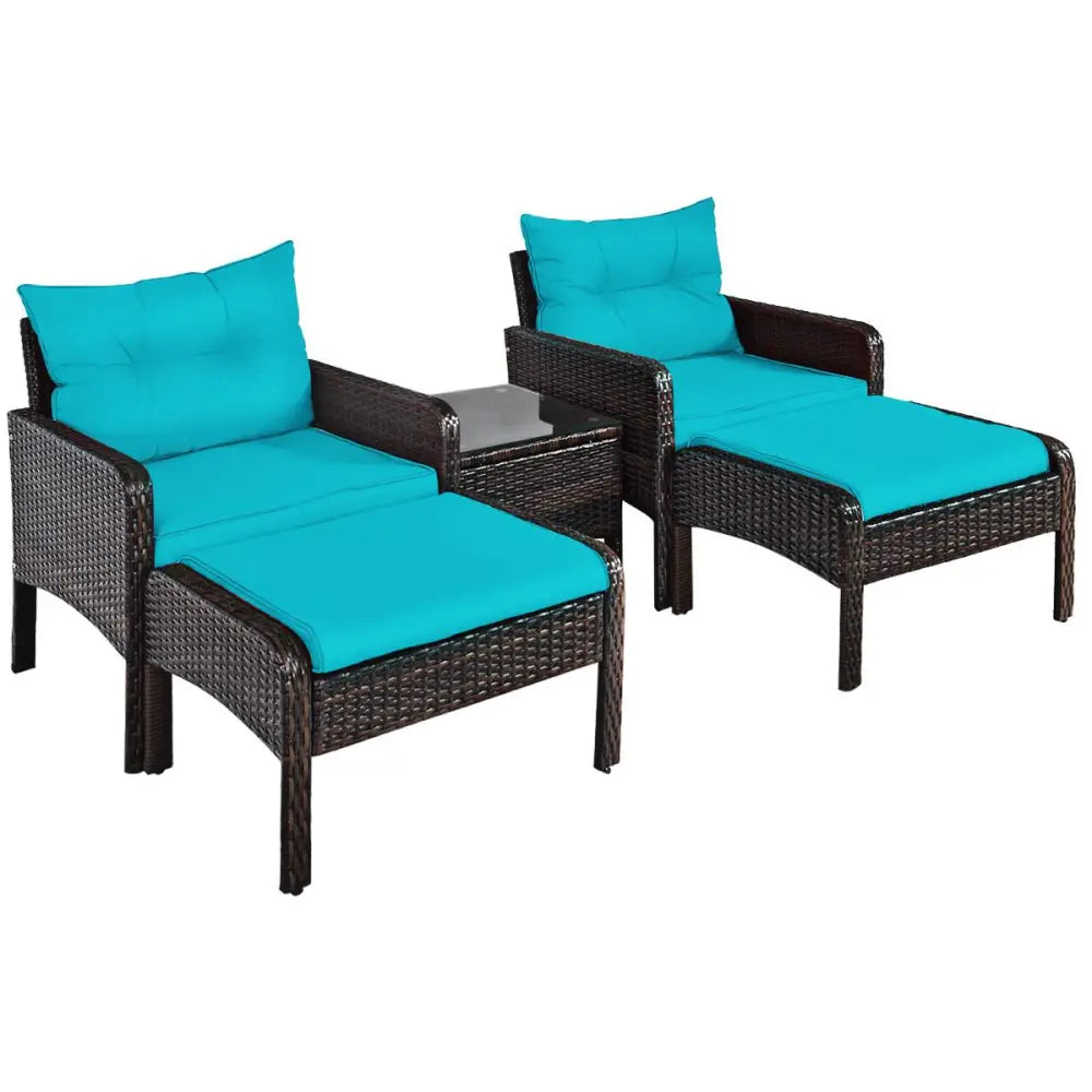 5 Pcs Patio Rattan Sofa Ottoman Furniture Set with Cushions-Turquoise - Turquoise - Patio Furniture Sets