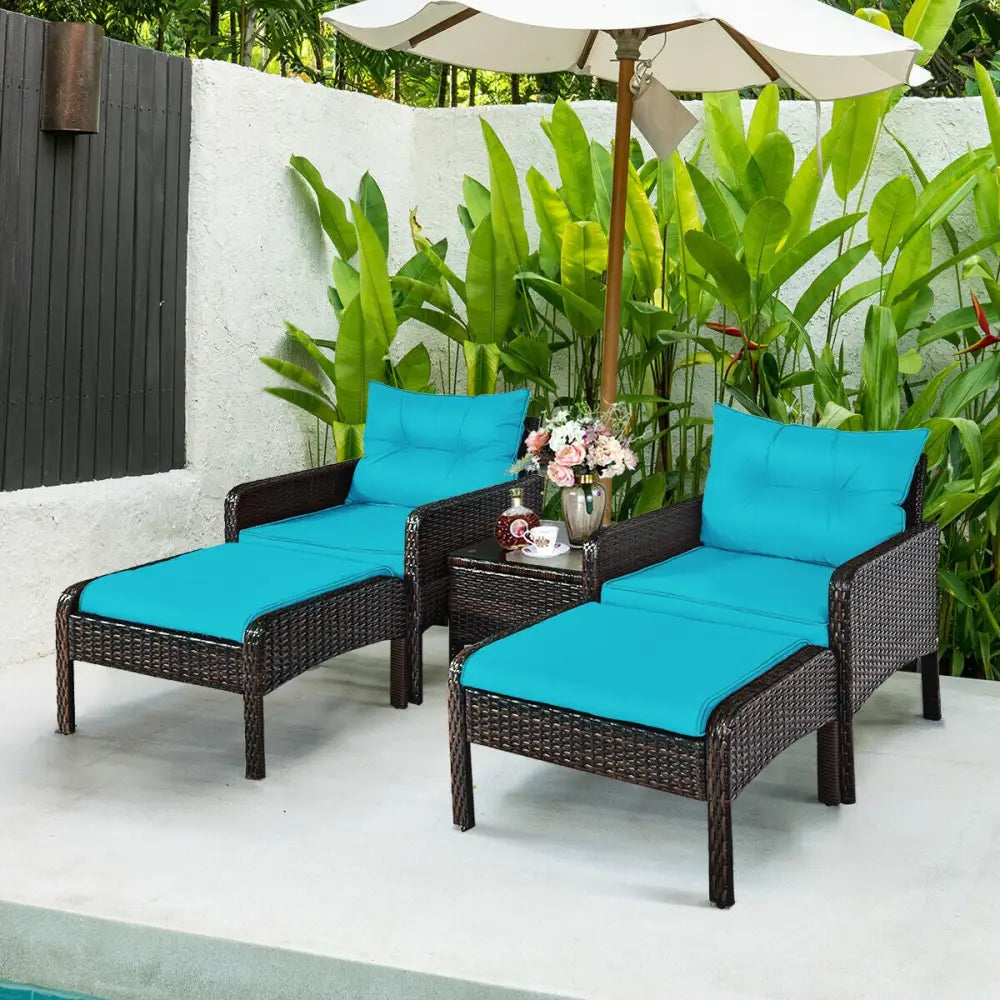 5 Pcs Patio Rattan Sofa Ottoman Furniture Set with Cushions-Turquoise - Turquoise - Patio Furniture Sets