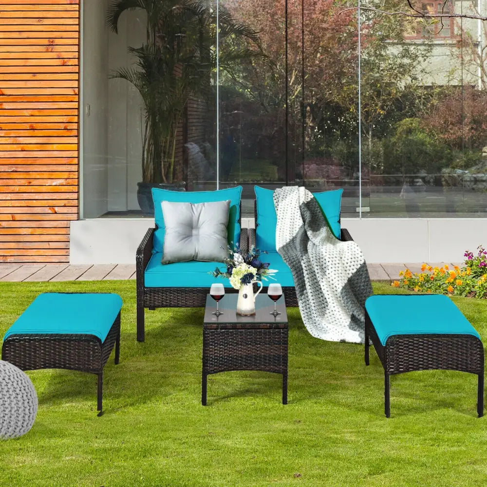 5 Pcs Patio Rattan Sofa Ottoman Furniture Set with Cushions-Turquoise - Turquoise - Patio Furniture Sets