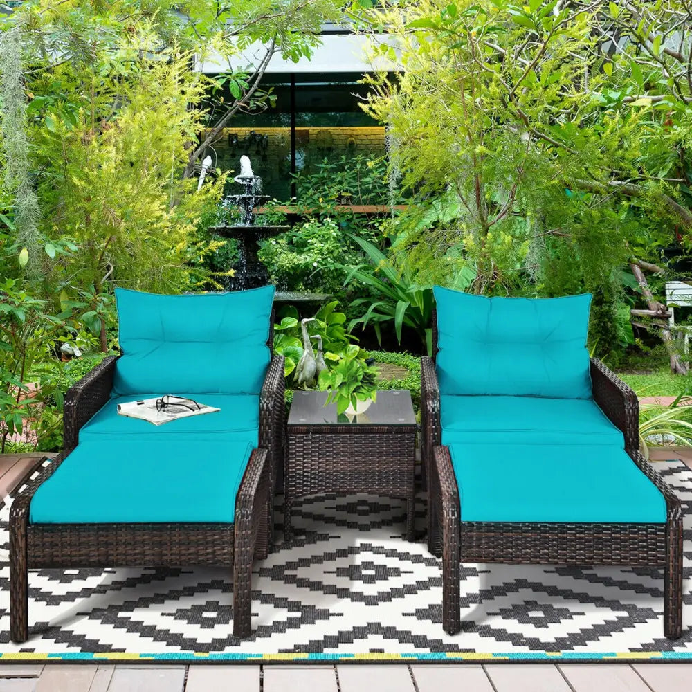 5 Pcs Patio Rattan Sofa Ottoman Furniture Set with Cushions-Turquoise - Turquoise - Patio Furniture Sets