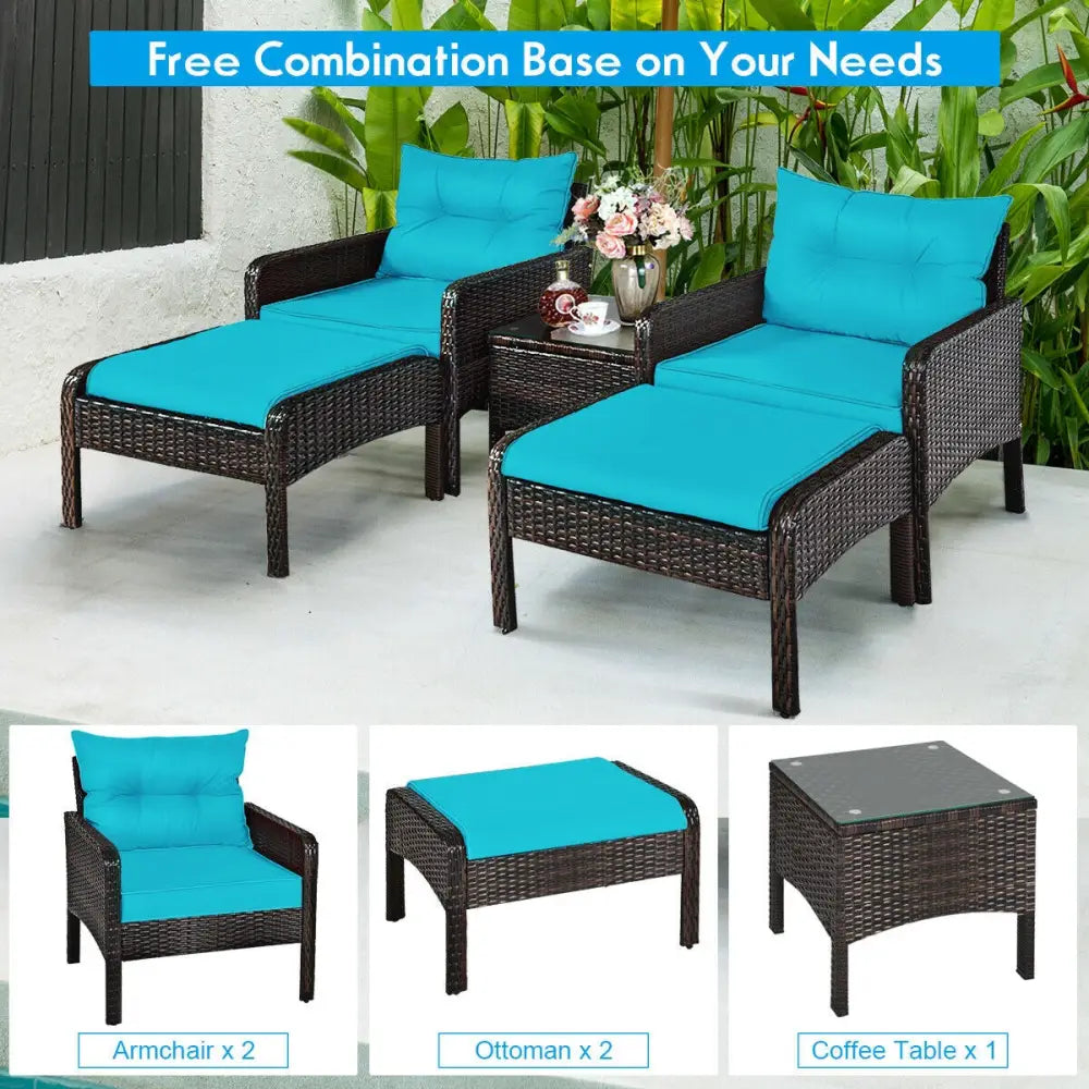 5 Pcs Patio Rattan Sofa Ottoman Furniture Set with Cushions-Turquoise - Turquoise - Patio Furniture Sets