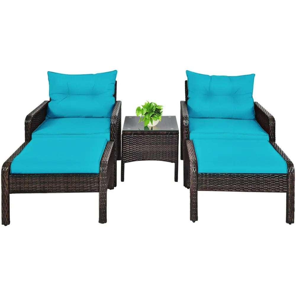 5 Pcs Patio Rattan Sofa Ottoman Furniture Set with Cushions-Turquoise - Turquoise - Patio Furniture Sets
