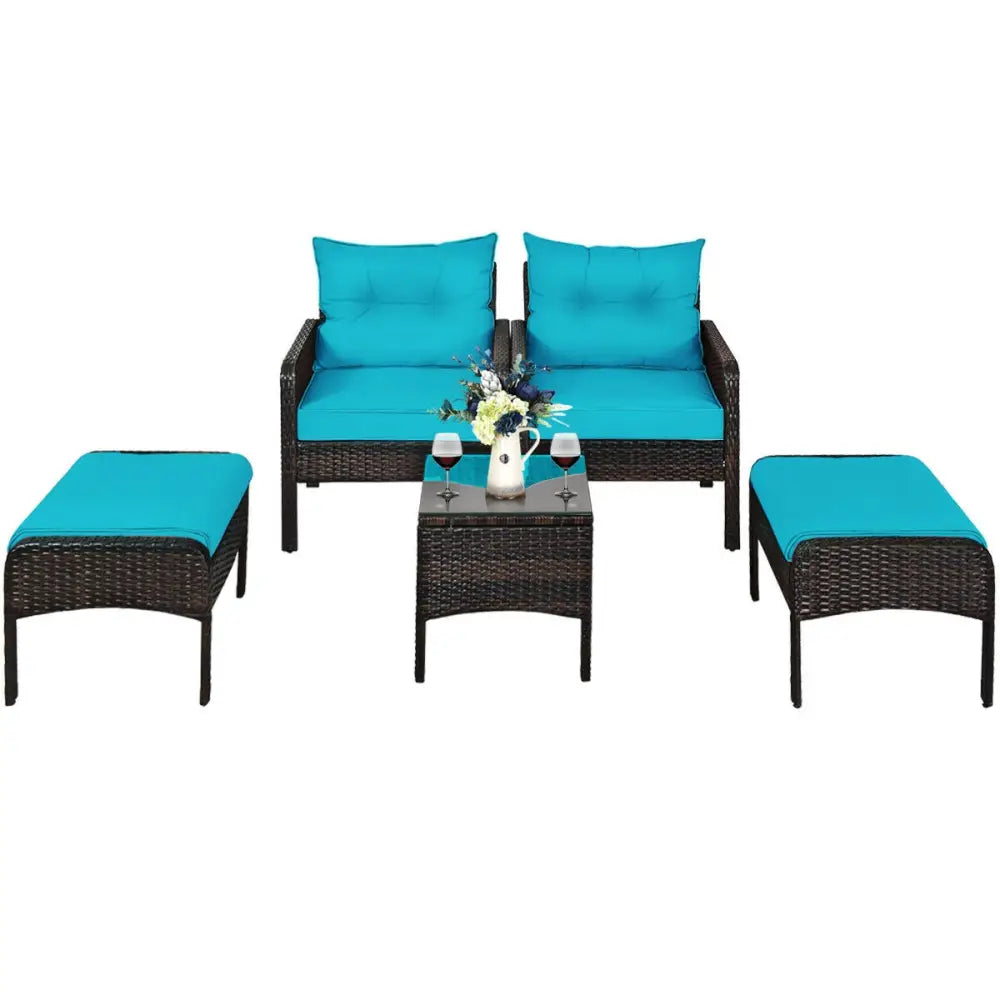 5 Pcs Patio Rattan Sofa Ottoman Furniture Set with Cushions-Turquoise - Turquoise - Patio Furniture Sets