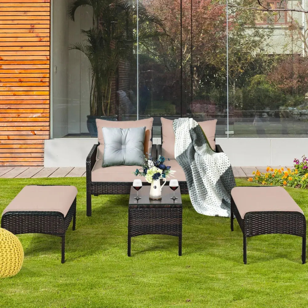5 Pcs Patio Rattan Wicker Sofa Furniture Set - Beige - Patio Furniture Sets