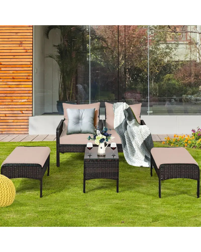 5 Pcs Patio Rattan Wicker Sofa Furniture Set - Beige - Patio Furniture Sets