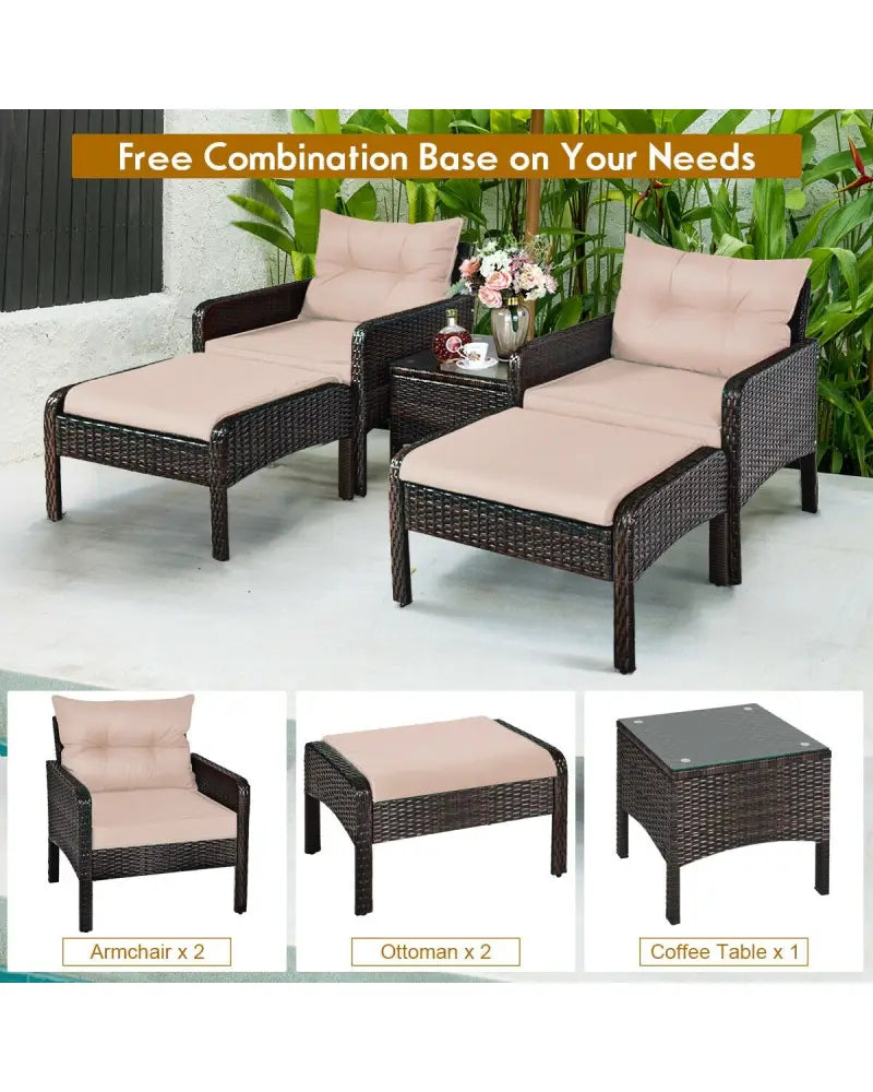 5 Pcs Patio Rattan Wicker Sofa Furniture Set - Beige - Patio Furniture Sets