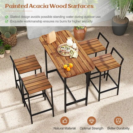 5 Piece Acacia Wood Bar Table Set Bar Height Table and Chairs with Metal Frame and Footrest - Patio Bar Furniture