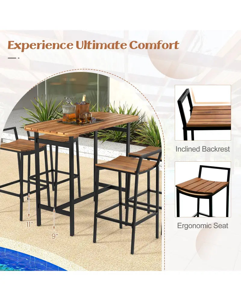 5 Piece Acacia Wood Bar Table Set Bar Height Table and Chairs with Metal Frame and Footrest - Patio Bar Furniture