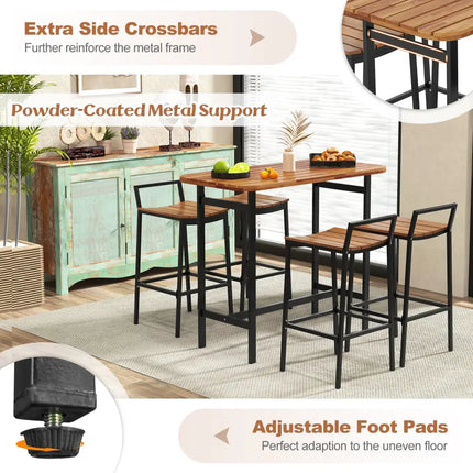 5 Piece Acacia Wood Bar Table Set Bar Height Table and Chairs with Metal Frame and Footrest - Patio Bar Furniture