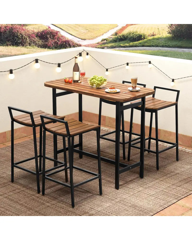 5 Piece Acacia Wood Bar Table Set Bar Height Table and Chairs with Metal Frame and Footrest - Patio Bar Furniture