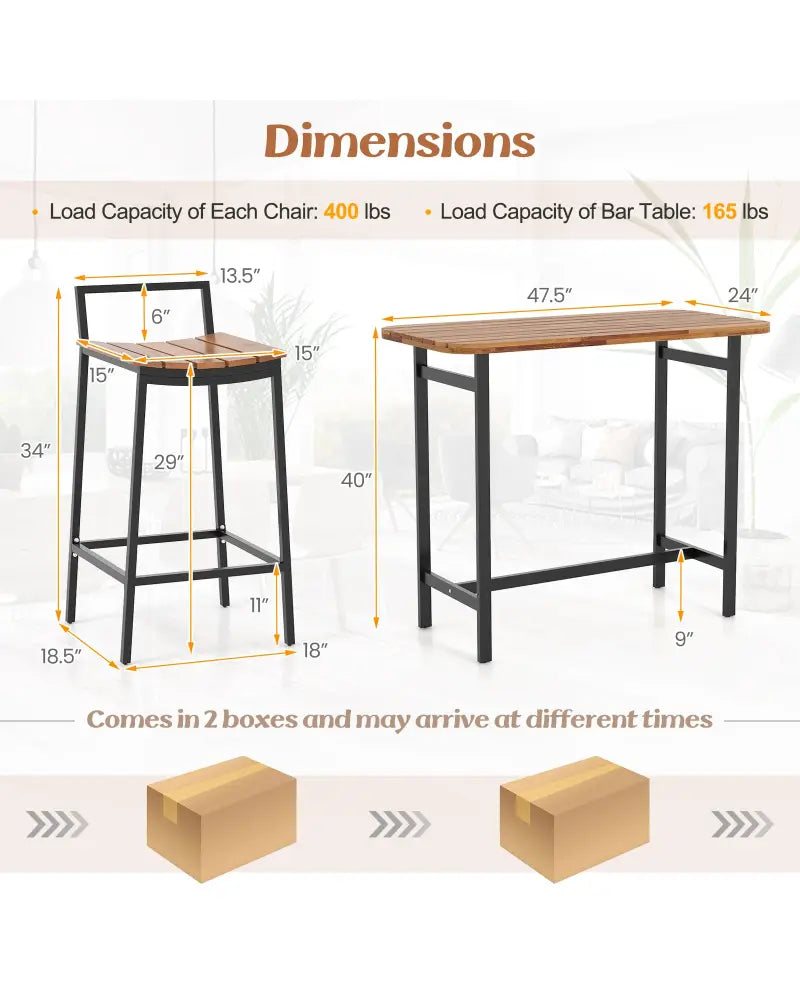 5 Piece Acacia Wood Bar Table Set Bar Height Table and Chairs with Metal Frame and Footrest - Patio Bar Furniture