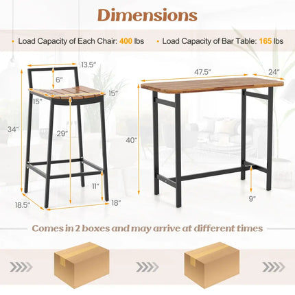 5 Piece Acacia Wood Bar Table Set Bar Height Table and Chairs with Metal Frame and Footrest - Patio Bar Furniture