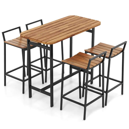 5 Piece Acacia Wood Bar Table Set Bar Height Table and Chairs with Metal Frame and Footrest - Patio Bar Furniture