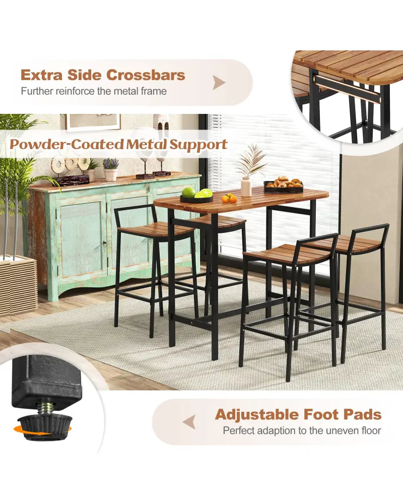 5 Piece Acacia Wood Bar Table Set Bar Height Table and Chairs with Metal Frame and Footrest - Patio Bar Furniture