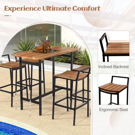 5 Piece Acacia Wood Bar Table Set Bar Height Table and Chairs with Metal Frame and Footrest - Patio Bar Furniture