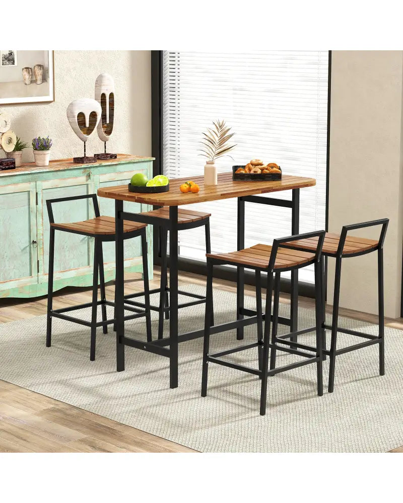 5 Piece Acacia Wood Bar Table Set Bar Height Table and Chairs with Metal Frame and Footrest - Patio Bar Furniture