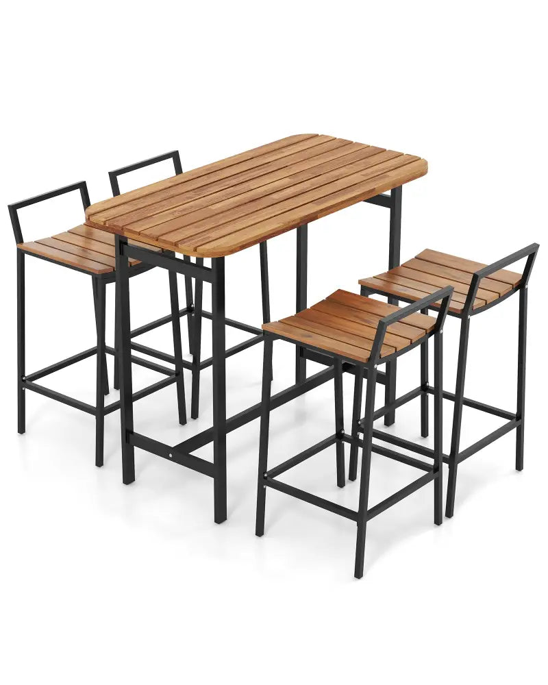 5 Piece Acacia Wood Bar Table Set Bar Height Table and Chairs with Metal Frame and Footrest - Patio Bar Furniture