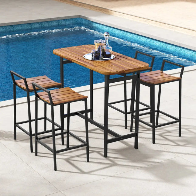 5 Piece Acacia Wood Bar Table Set Bar Height Table and Chairs with Metal Frame and Footrest - Patio Bar Furniture
