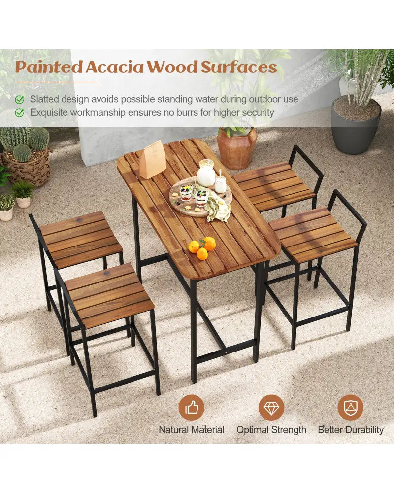 5 Piece Acacia Wood Bar Table Set Bar Height Table and Chairs with Metal Frame and Footrest - Patio Bar Furniture