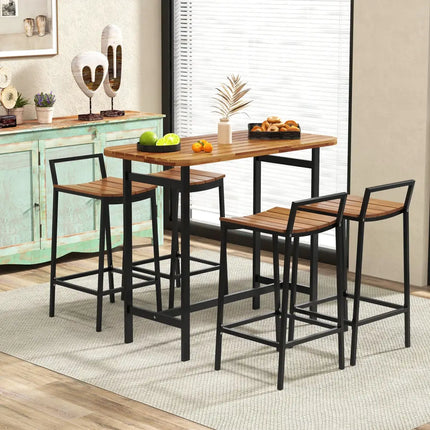 5 Piece Acacia Wood Bar Table Set Bar Height Table and Chairs with Metal Frame and Footrest - Patio Bar Furniture