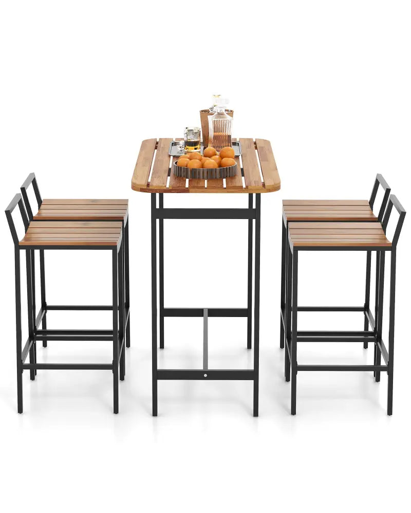 5 Piece Acacia Wood Bar Table Set Bar Height Table and Chairs with Metal Frame and Footrest - Patio Bar Furniture